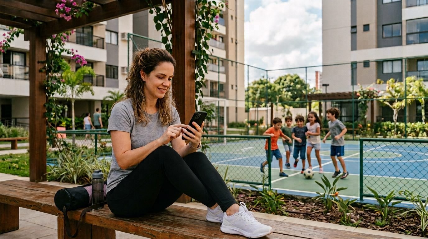 Moradora sentada num banco da área comum do condomínio, usando o
                  aplicativo no celular, enquanto crianças jogam bola na quadra ao fundo.